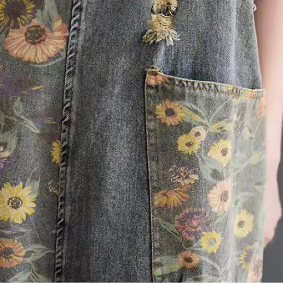 Women Print Floral Denim Overalls Casual Loose Size M Jumpsuit Wide Leg Pants - Picture 11 of 15